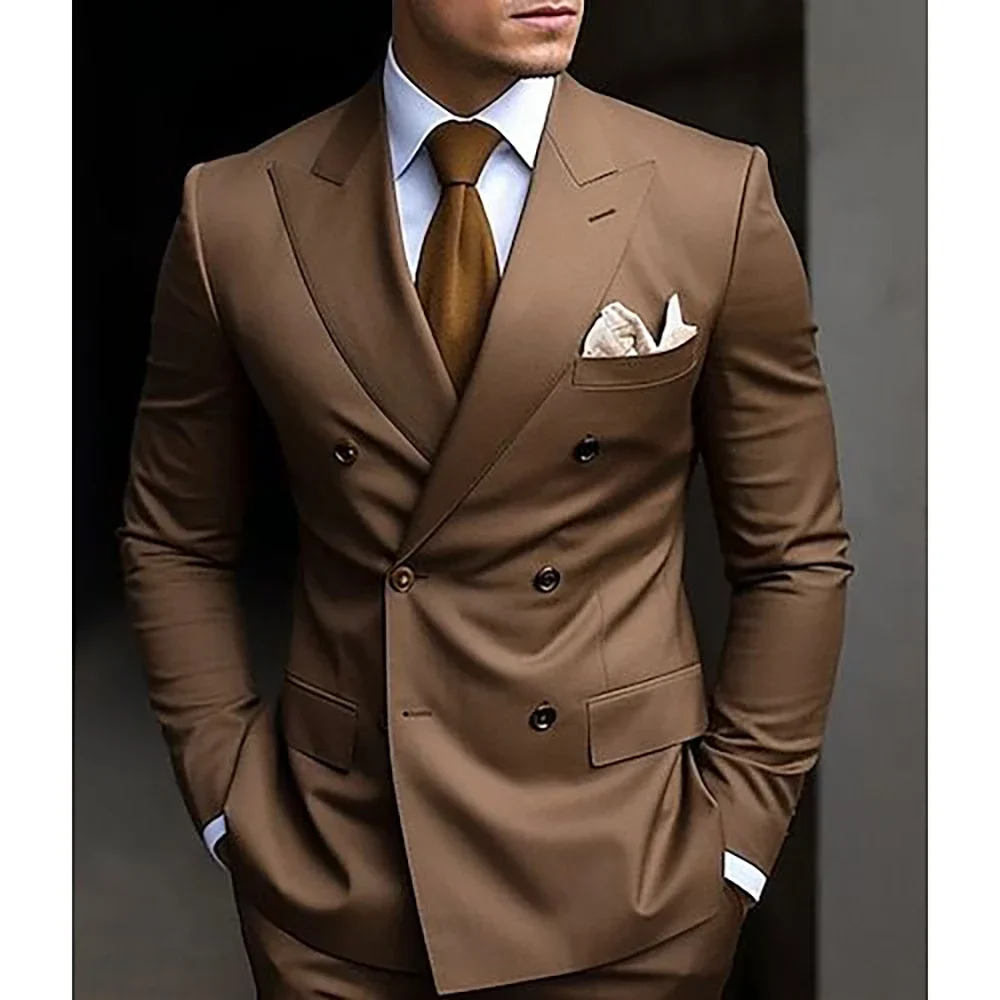Yüksek kaliteli kahverengi erkek takım elbise kruvaze ısmarlama çift göğüslü doruğa yaka resmi Blazer Slim Fit 2 parça ceket pantolon