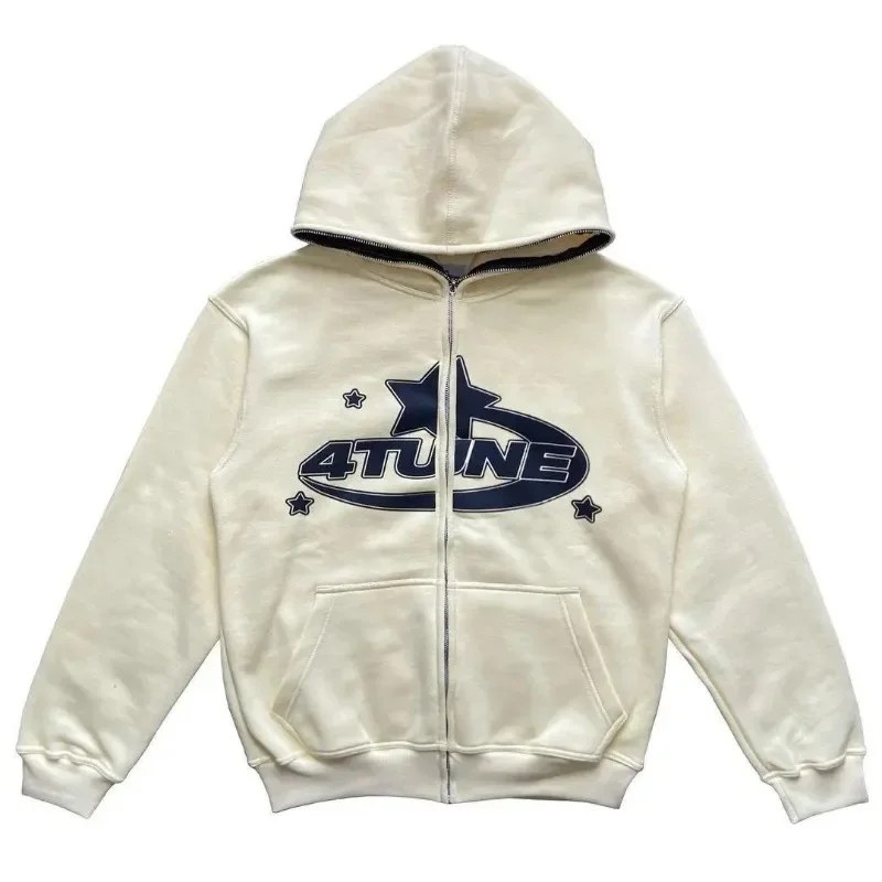 Yıldız mektup baskılı kapüşonlu svetşört erkekler Retro Zip Up uzun kollu gevşek ceket mont Harajuku rahat gotik kapüşonlu Sweatshirt Y2K Streetwear
