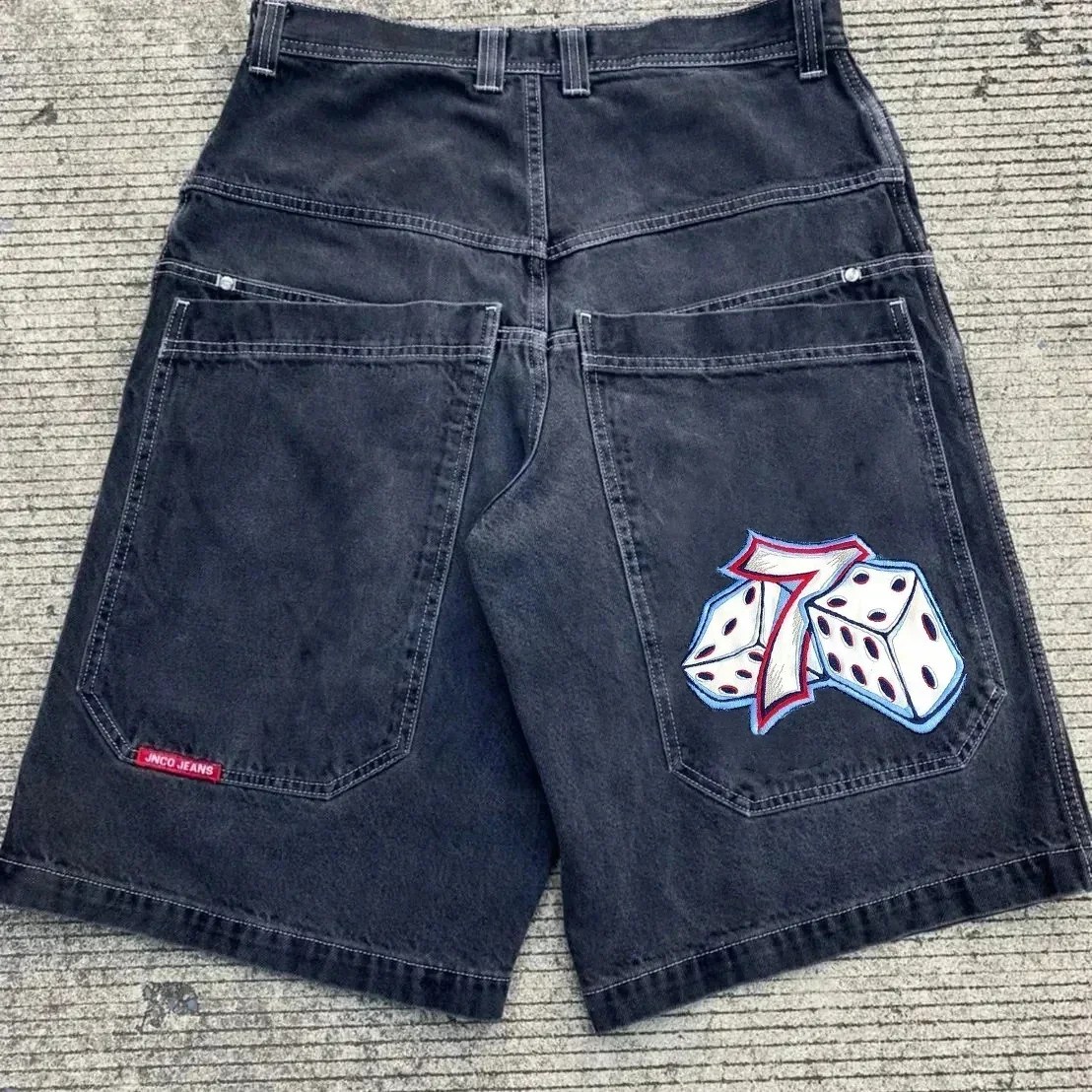 Y2K Retro Harajuku 7 zar grafik nakış JNCO şort erkekler Baggy Denim spor şort Hip Hop gotik basketbol Jorts Sweatpants