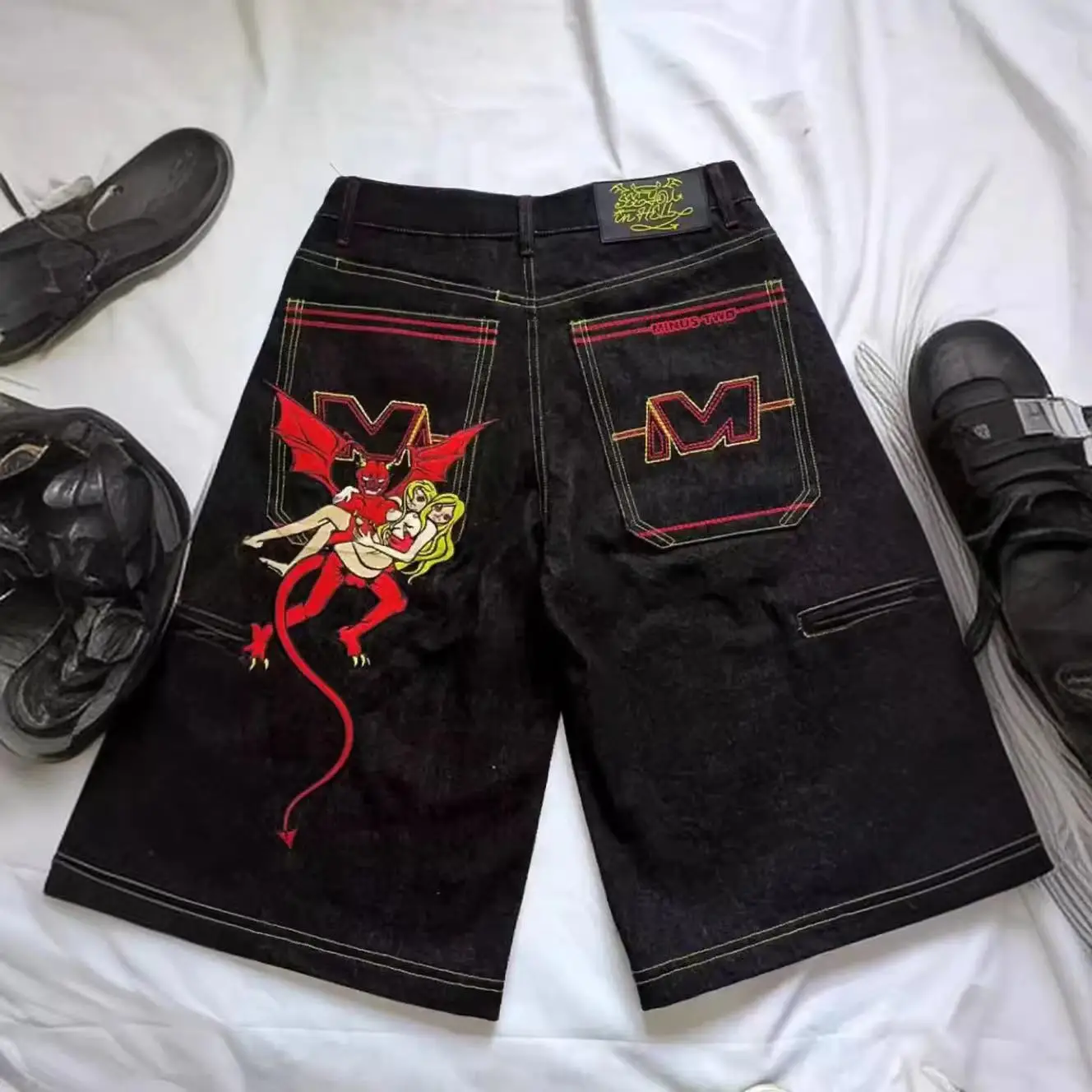 Y2k avrupa ve amerikan Hip-hop Denim şort erkekler için bahar ve yaz trendi geniş bacaklar pantolon gevşek rahat kırpılmış pantolon - Görsel 2