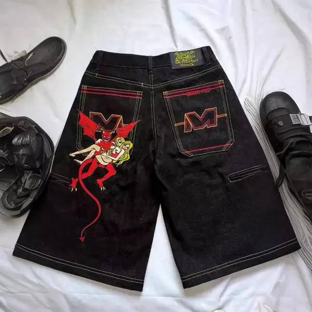 Y2k avrupa ve amerikan Hip-hop Denim şort erkekler için bahar ve yaz trendi geniş bacaklar pantolon gevşek rahat kırpılmış pantolon
