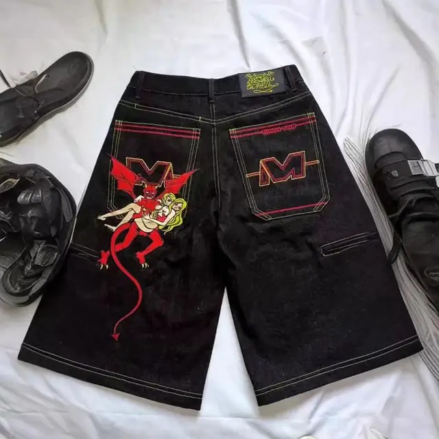 Y2k avrupa ve amerikan Hip-hop Denim şort erkekler için bahar ve yaz trendi geniş bacaklar pantolon gevşek rahat kırpılmış pantolon - Görsel 16
