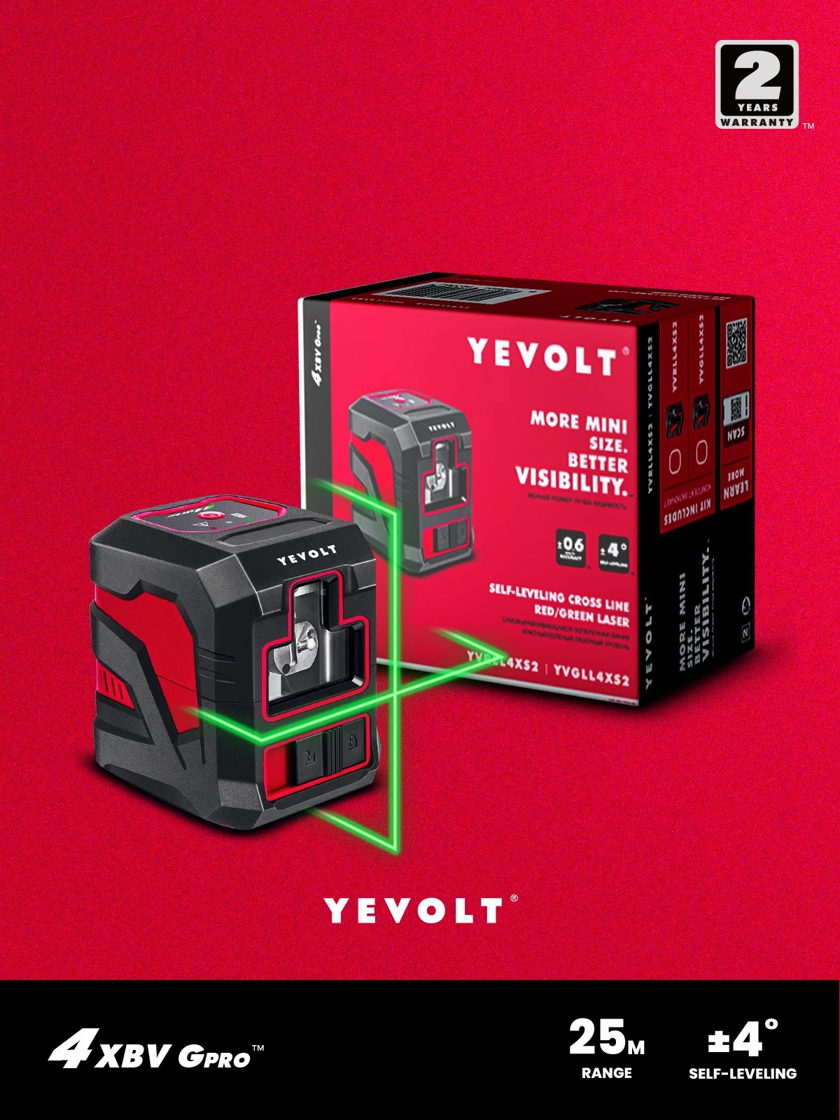 YEVOLT YVGLL4XS2 çapraz çizgi yeşil lazer seviye 2-Line inşaat yüksek hassasiyetli profesyonel kendinden tesviye Nivel ölçme aracı