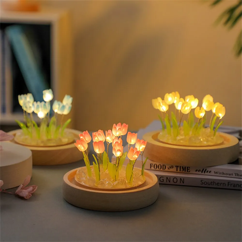 Yapay lale çiçek gece lambası el yapımı DIY başucu lambası LED gece lambası yatak odası dekoru noel doğum günü hediyeleri masa lambası