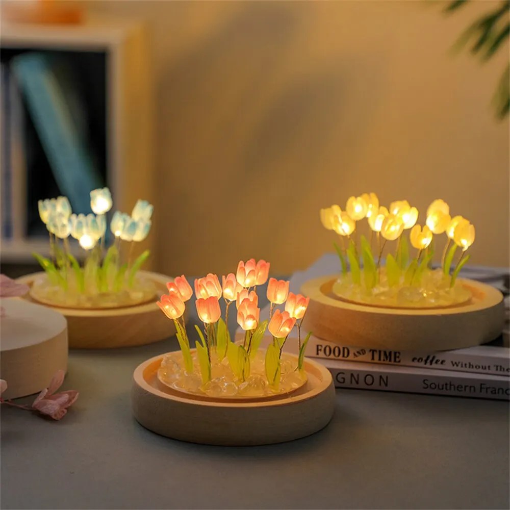 Yapay lale çiçek gece lambası el yapımı DIY başucu lambası LED gece lambası yatak odası dekoru noel doğum günü hediyeleri masa lambası - Görsel 3