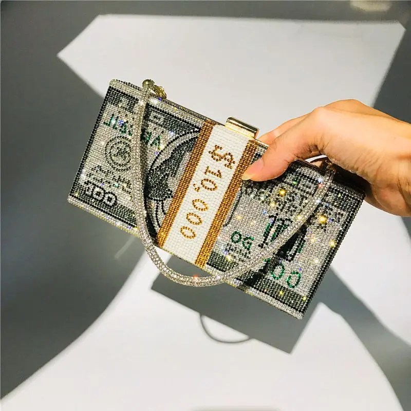 Yaratıcı moda yeni para debriyaj taklidi çanta 10000 dolar yığını çanta nakit akşam çanta omuz düğün yemeği çantası - Görsel 4
