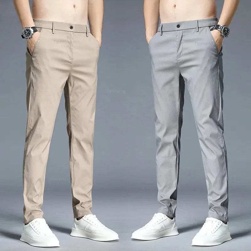 Yaz Ultra ince erkek günlük pantolon ince düz elastik buz ipek spor koşu pantolonları moda kore siyah haki yeşil