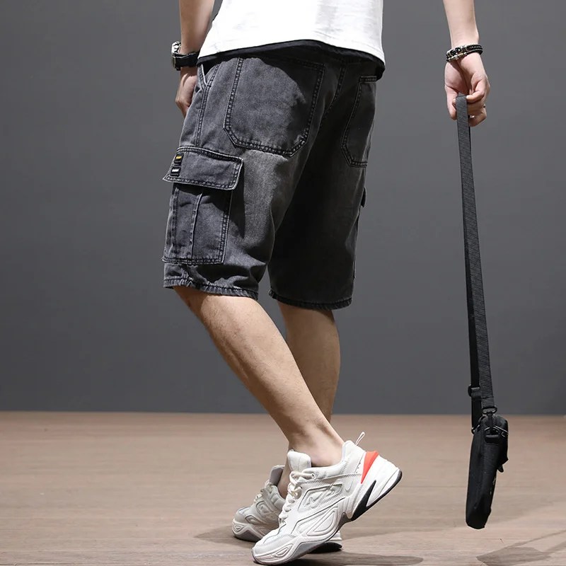 Yaz erkek moda cep Baggy kot şort gevşek düz Capris kot erkekler için Streetwear kargo kısa pantolon - Görsel 4