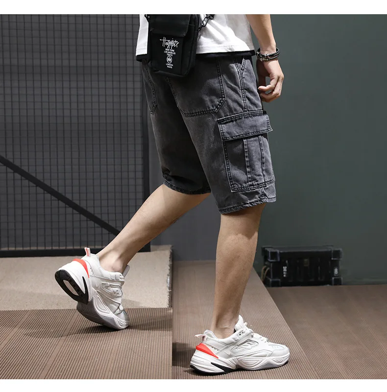 Yaz erkek moda cep Baggy kot şort gevşek düz Capris kot erkekler için Streetwear kargo kısa pantolon