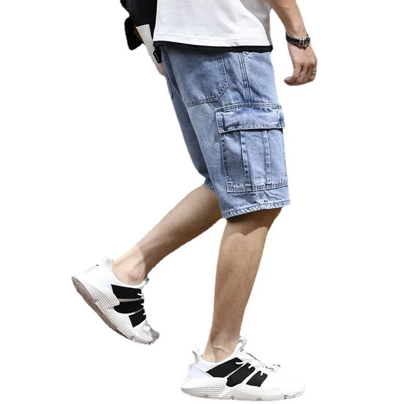 Yaz erkek moda cep Baggy kot şort gevşek düz Capris kot erkekler için Streetwear kargo kısa pantolon