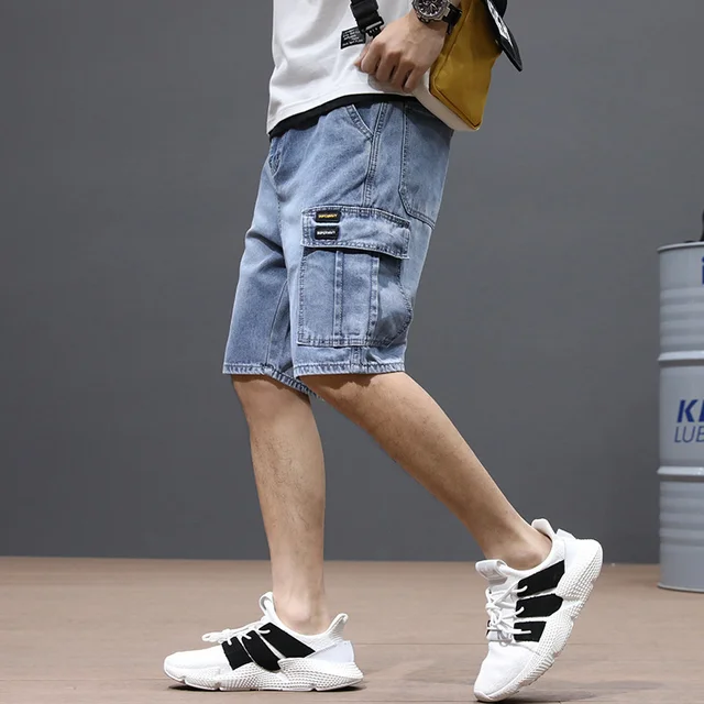Yaz erkek moda cep Baggy kot şort gevşek düz Capris kot erkekler için Streetwear kargo kısa pantolon