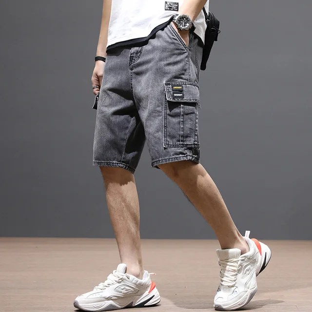 Yaz erkek moda cep Baggy kot şort gevşek düz Capris kot erkekler için Streetwear kargo kısa pantolon - Görsel 15