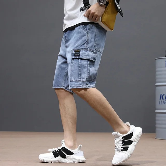 Yaz erkek moda cep Baggy kot şort gevşek düz Capris kot erkekler için Streetwear kargo kısa pantolon - Görsel 16
