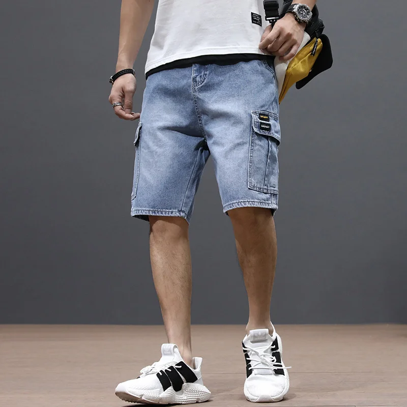 Yaz erkek moda cep Baggy kot şort gevşek düz Capris kot erkekler için Streetwear kargo kısa pantolon