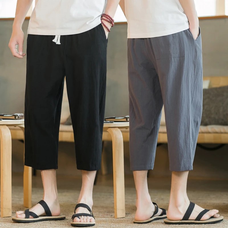 Yaz erkek pantolon pamuk keten moda rahat pantolon gevşek şort düz pantolon Streetwear - Görsel 5