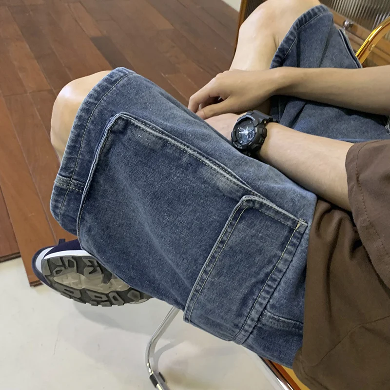 Yaz erkekler Denim kısa Streetwear Vintage kore Harajuku cep kot şort Hip Hop kargo pantolon boy dipleri erkek giysileri