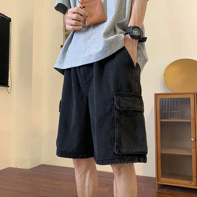 Yaz erkekler Denim kısa Streetwear Vintage kore Harajuku cep kot şort Hip Hop kargo pantolon boy dipleri erkek giysileri