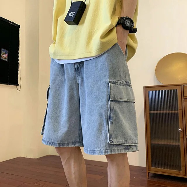 Yaz erkekler Denim kısa Streetwear Vintage kore Harajuku cep kot şort Hip Hop kargo pantolon boy dipleri erkek giysileri - Görsel 10