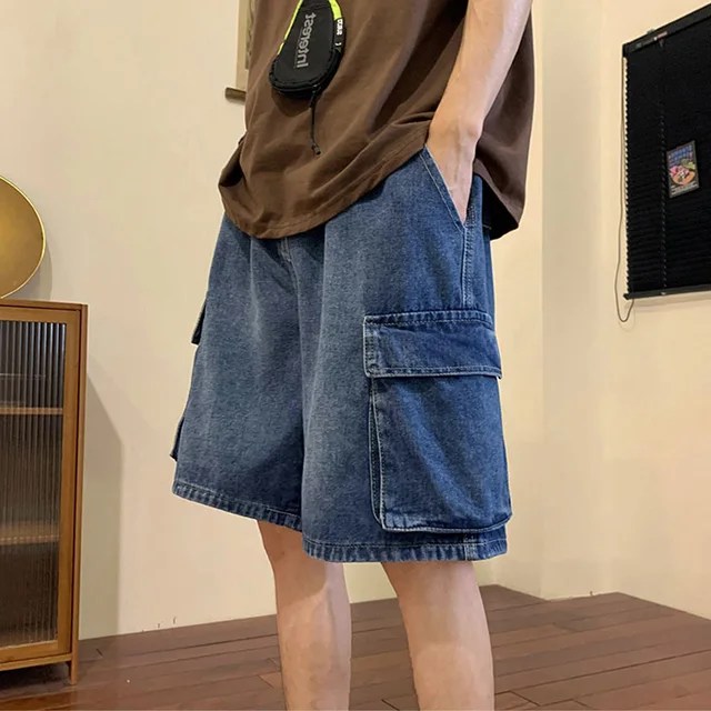 Yaz erkekler Denim kısa Streetwear Vintage kore Harajuku cep kot şort Hip Hop kargo pantolon boy dipleri erkek giysileri - Görsel 15