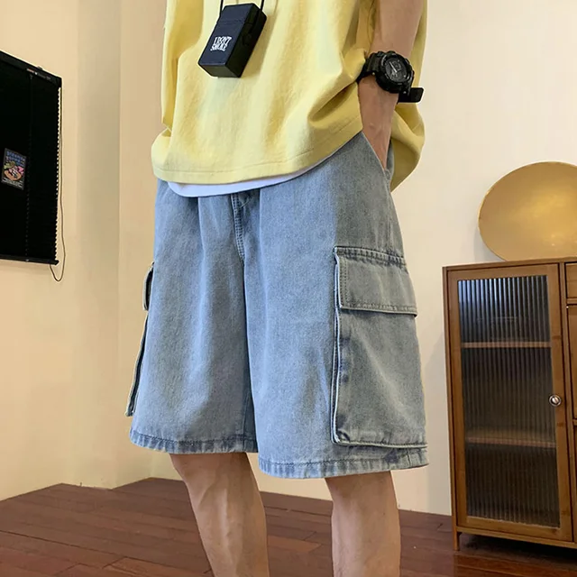 Yaz erkekler Denim kısa Streetwear Vintage kore Harajuku cep kot şort Hip Hop kargo pantolon boy dipleri erkek giysileri