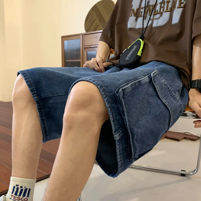 Yaz erkekler Denim kısa Streetwear Vintage kore Harajuku cep kot şort Hip Hop kargo pantolon boy dipleri erkek giysileri