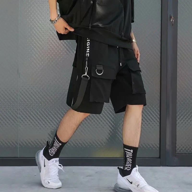 Yaz erkekler şort Techwear japon Harajuku moda Hip Hop Punk Streetwear kargo şort erkek Joggers kurdela Baggy giysileri için