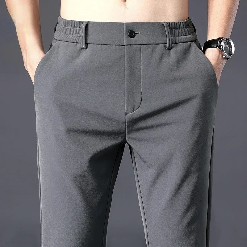 Yaz günlük erkek pantolonları ince iş streç Slim Fit elastik bel Jogger kore klasik mavi siyah gri marka pantolon erkek