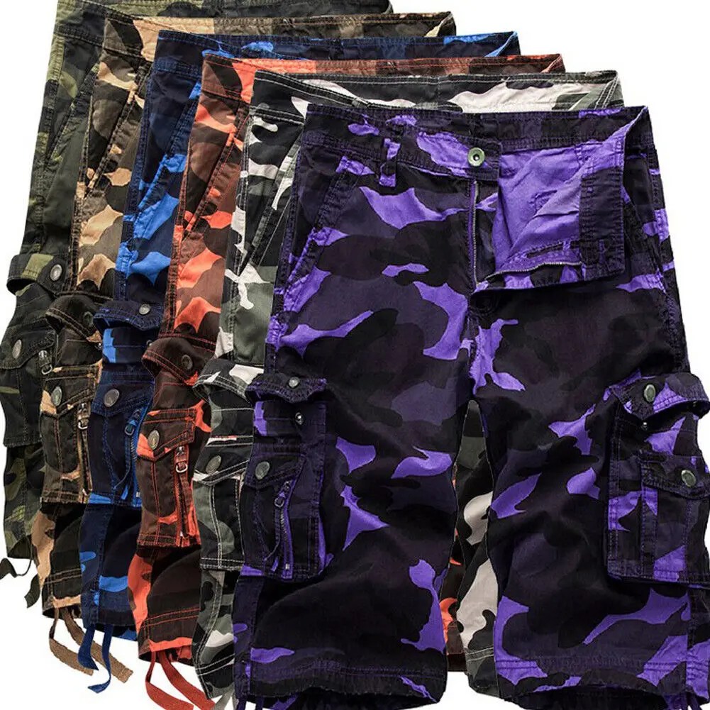 Yaz kargo şort erkekler kamuflaj Camo rahat pamuk çok cep Baggy gevşek çalışma şort Streetwear HipHop şort 30-42