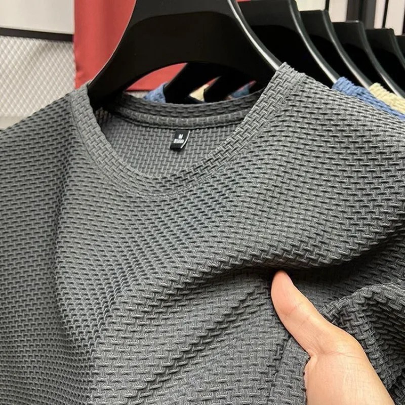 Yaz o-boyun t-shirt erkekler buz ipek örgü nefes yarım kollu üst düz renk ince rahat serin çabuk kuru kısa kollu T shirt