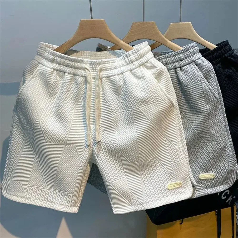 Yaz şort erkekler's Casual koşu spor kısa pantolon dalga desen katı erkek İpli gevşek kuru spor spor şort Sweatpant