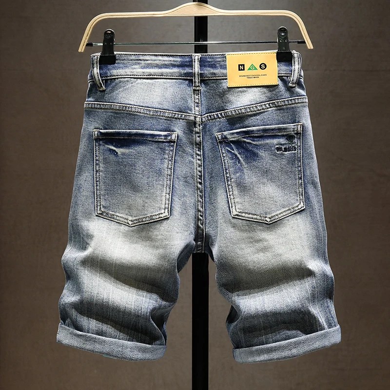 Yaz yeni erkek streç kısa kot pantolon moda rahat Slim Fit yüksek kaliteli elastik kot şort erkek marka giysiler - Görsel 2