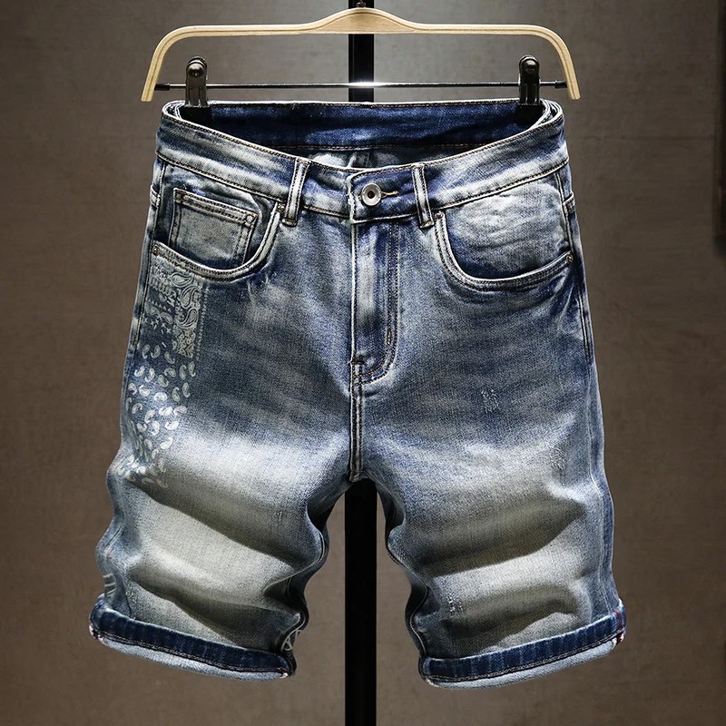 Yaz yeni erkek streç kısa kot pantolon moda rahat Slim Fit yüksek kaliteli elastik kot şort erkek marka giysiler - Görsel 3