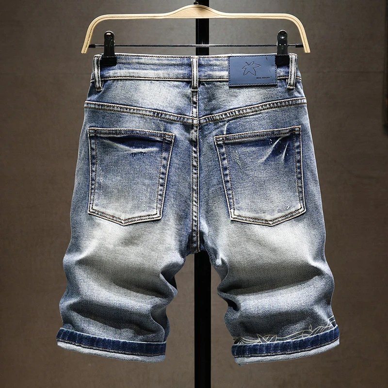 Yaz yeni erkek streç kısa kot pantolon moda rahat Slim Fit yüksek kaliteli elastik kot şort erkek marka giysiler - Görsel 4