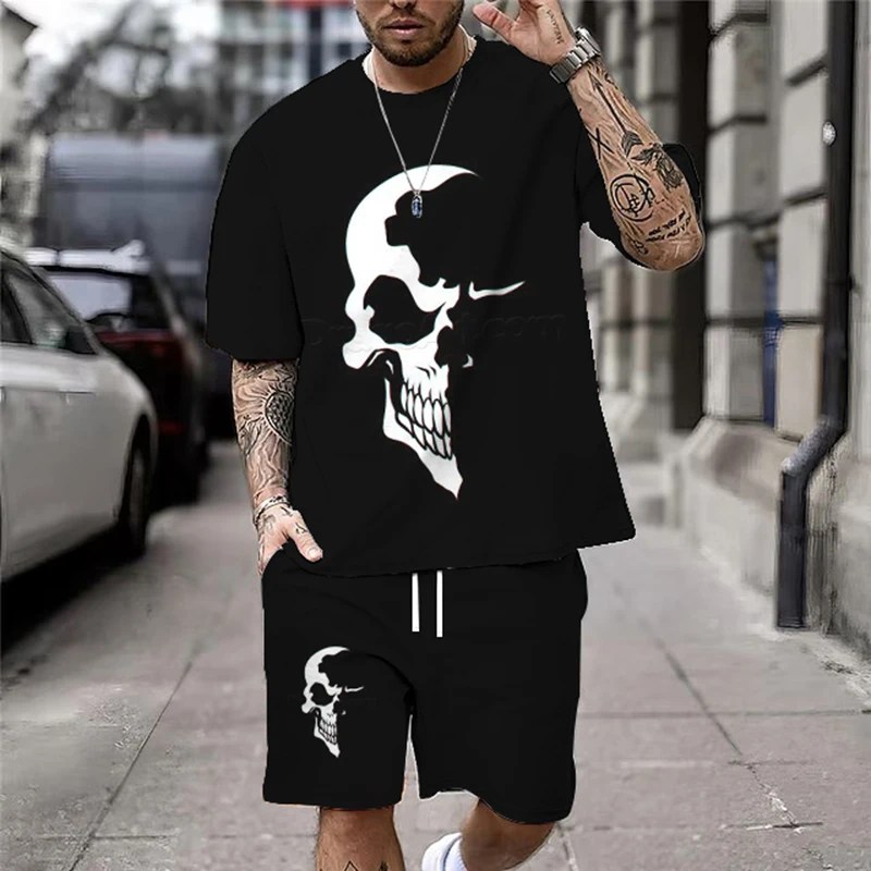 Yaz yeni rahat erkek kafatası baskı T-Shirt Set moda Streetwear Tees gevşek boy nefes yumuşak kısa kollu ve şort