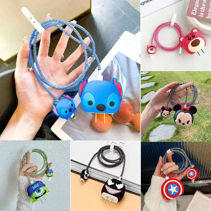 Yeni 3D karikatür Disney dikiş şarj koruyucu kılıf Apple IPhone 15 için 14 18W 20W hızlı şarj koruma kapağı kablo sarıcı