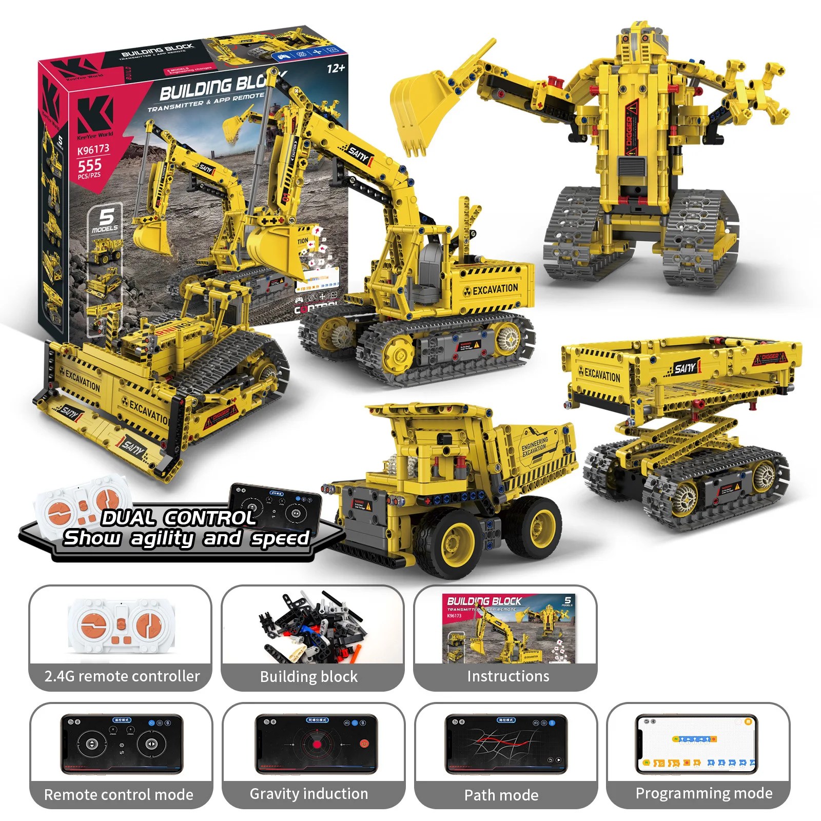 Yeni 5 IN 1 teknik uzaktan kumanda ekskavatör yapı taşları şehir mühendislik kamyon modeli tuğla buldozer oyuncaklar çocuklar için hediyeler