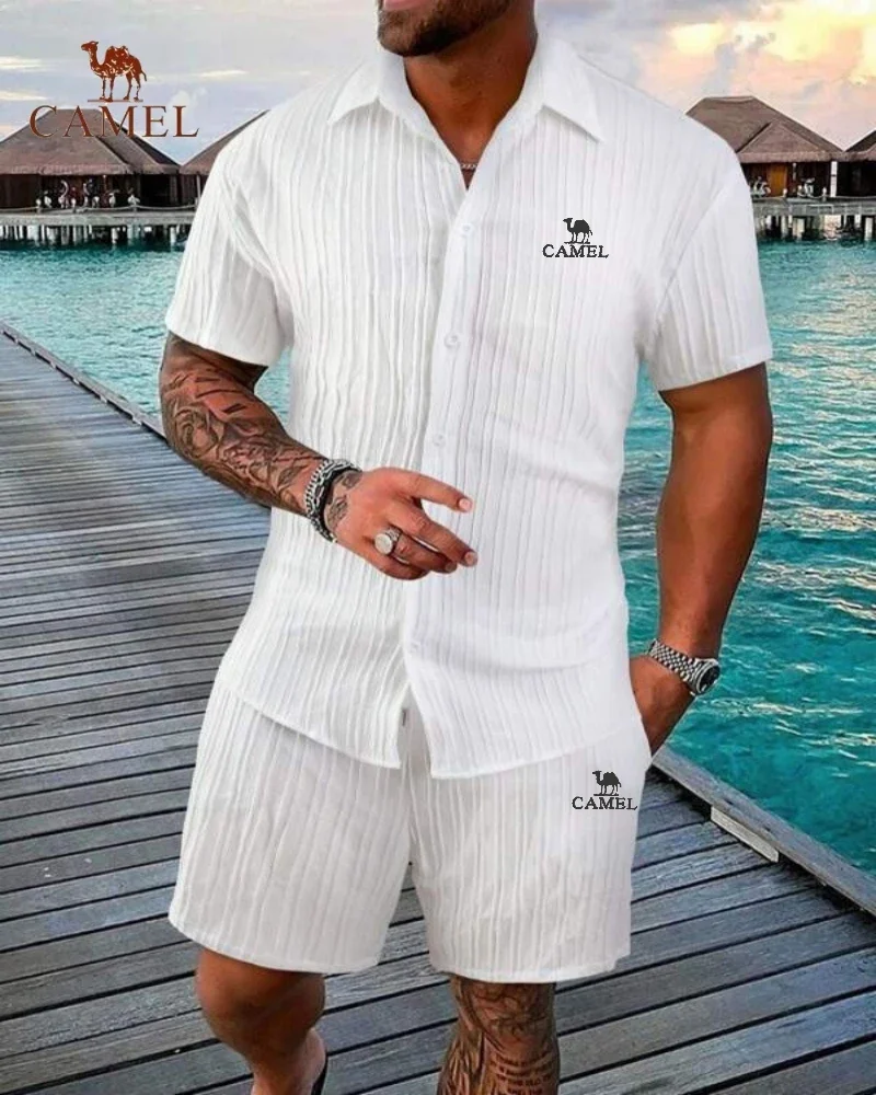 Yeni High-end işlemeli deve pamuk keten gömlek rahat kısa kollu şort plaj seti yaz rahat moda açık spor seti
