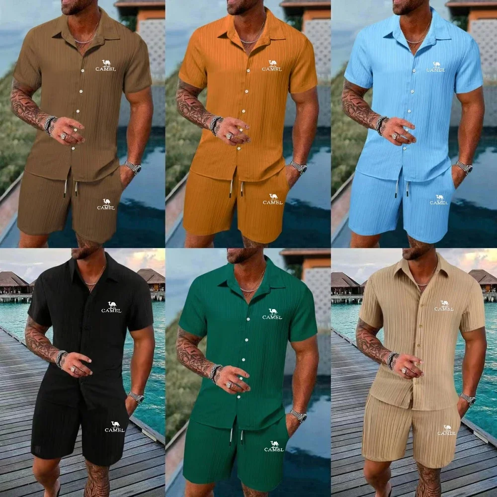 Yeni High-end işlemeli deve pamuk keten gömlek rahat kısa kollu şort plaj seti yaz rahat moda açık spor seti