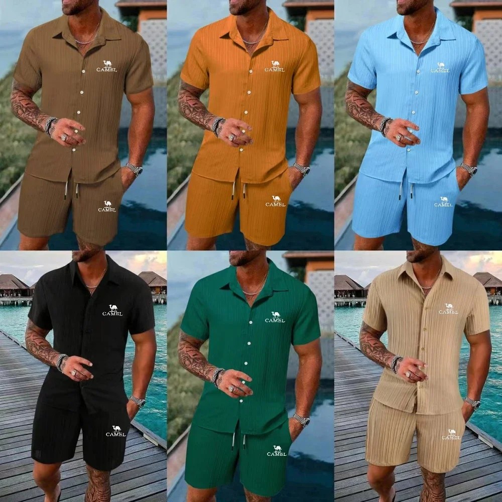 Yeni High-end işlemeli deve pamuk keten gömlek rahat kısa kollu şort plaj seti yaz rahat moda açık spor seti - Görsel 6