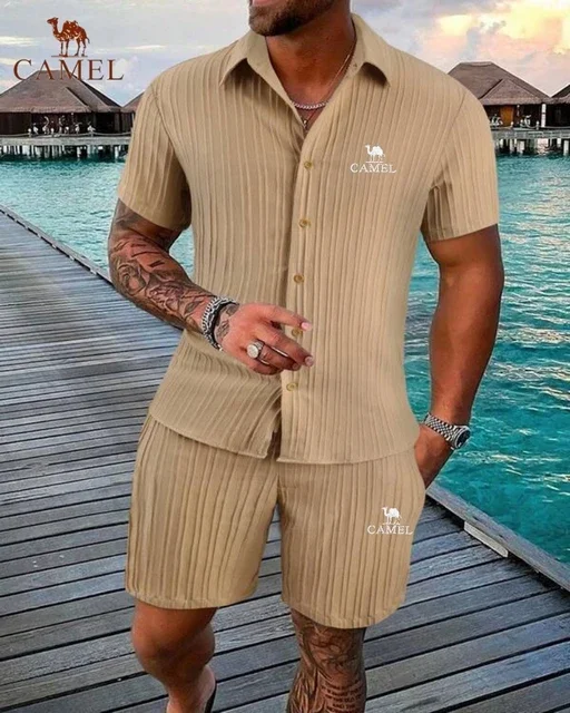 Yeni High-end işlemeli deve pamuk keten gömlek rahat kısa kollu şort plaj seti yaz rahat moda açık spor seti
