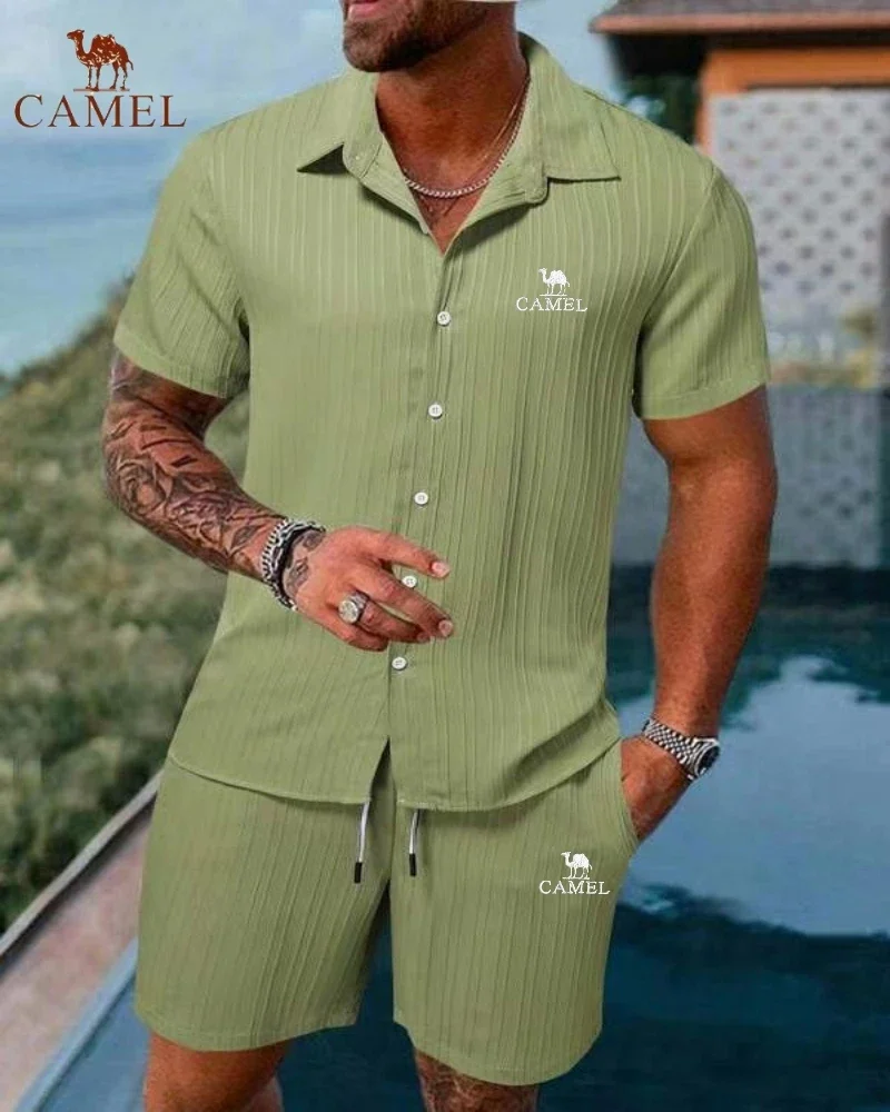 Yeni High-end işlemeli deve pamuk keten gömlek rahat kısa kollu şort plaj seti yaz rahat moda açık spor seti