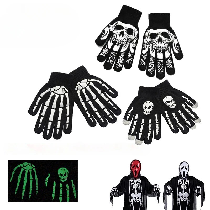 Yeni Punk eldiven Unisex cadılar bayramı iskelet kafatası yarım parmak eldiven karanlıkta kızdırma parmaksız streç örme kış eldivenler