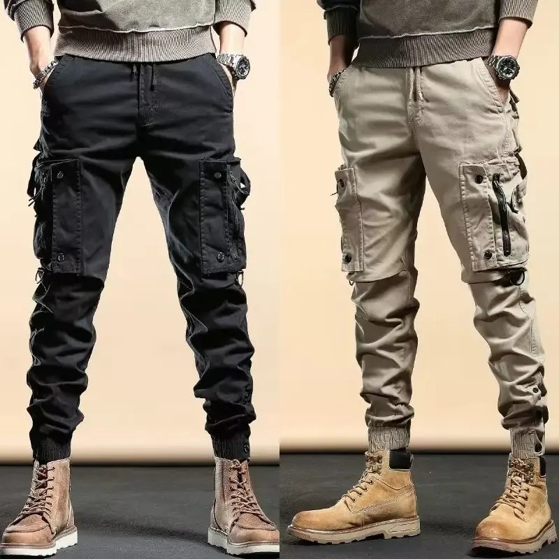 Yeni amerikan Retro açık Hip Hop iş giysisi pantolon erkek için Trendy elastik bel fermuar basit büyük cep bağlı rahat pantolon