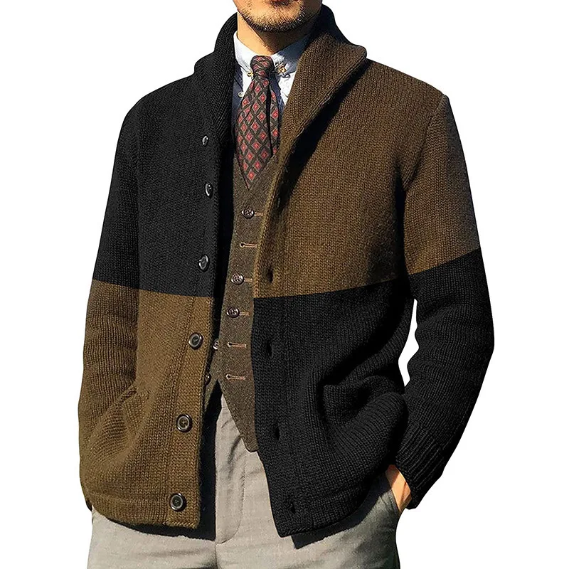 Yeni erkek kazak hırka Patchwork yaka tek göğüslü sonbahar kış uzun kollu moda iş rahat erkek ceket artı boyutu