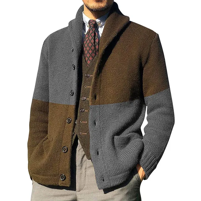 Yeni erkek kazak hırka Patchwork yaka tek göğüslü sonbahar kış uzun kollu moda iş rahat erkek ceket artı boyutu