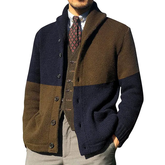 Yeni erkek kazak hırka Patchwork yaka tek göğüslü sonbahar kış uzun kollu moda iş rahat erkek ceket artı boyutu