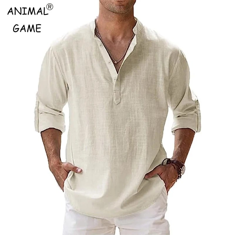 Yeni erkek pamuk T Shirt keten rahat uzun kollu düğme aşağı gömlek gevşek yaka düz renk Tops S-5XL