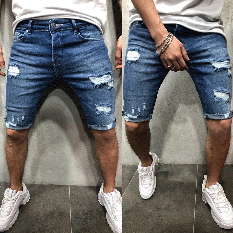 Yeni erkek rahat şort moda kot kısa pantolon tahrip Skinny Jeans yırtık pantolon yıpranmış Denim