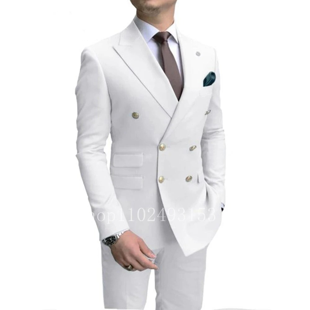 Yeni moda beyaz erkek takım elbise Slim Fit 2 parça kruvaze zarif resmi en iyi erkekler erkek düğün takımları Set kostüm Homme
