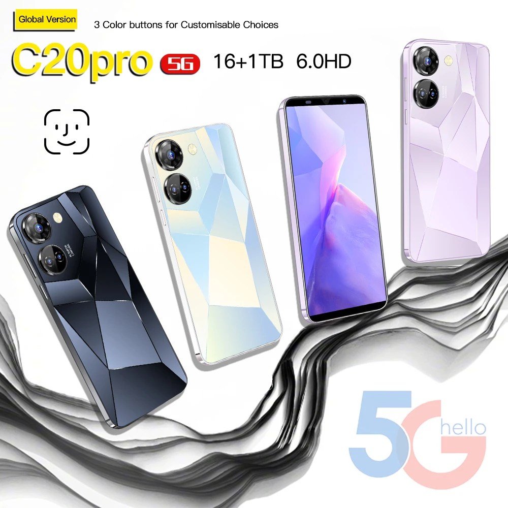 Yeni modeller Smartphone C20pro Android 13 boyut 9000 6800 + 48MP mAh 48MP mobile cep telefonu 5G 16GB + 1T